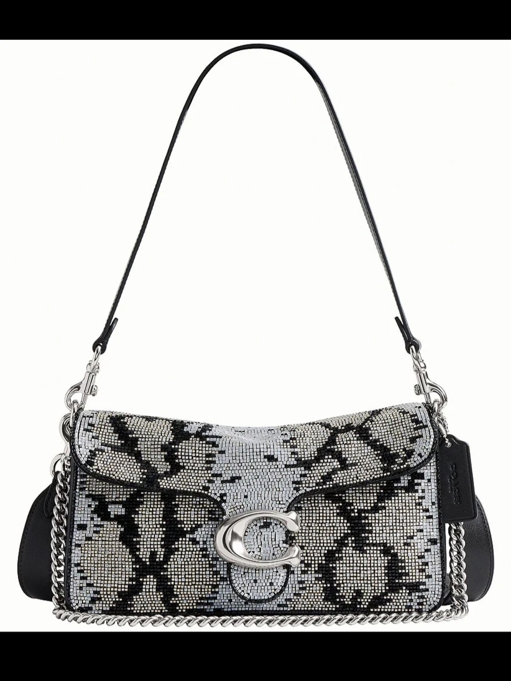 Coach NWT Crystal-Embellished Black and Silver Snake Skin Shoulder Bag